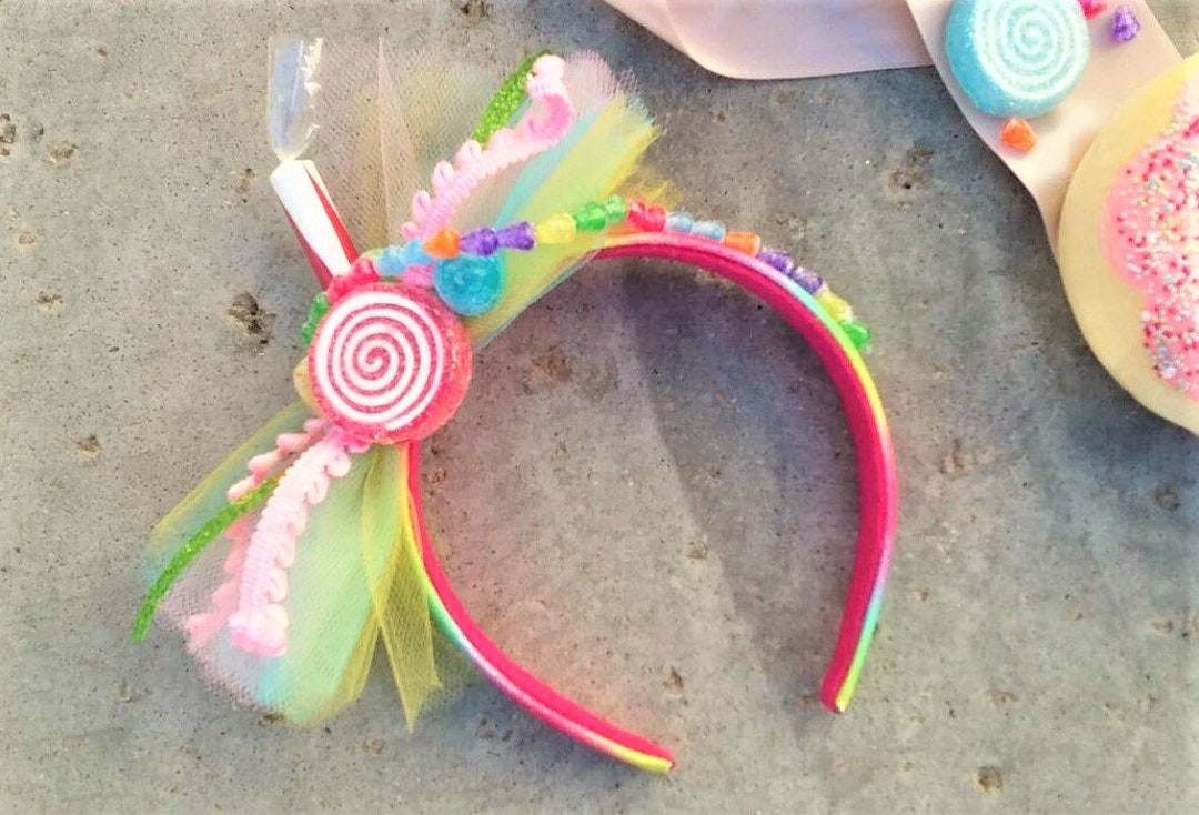 Candy Headband Treat Headband or Clip Candyland Bow Rainbow With Candy, Treats and Tulle Bow for