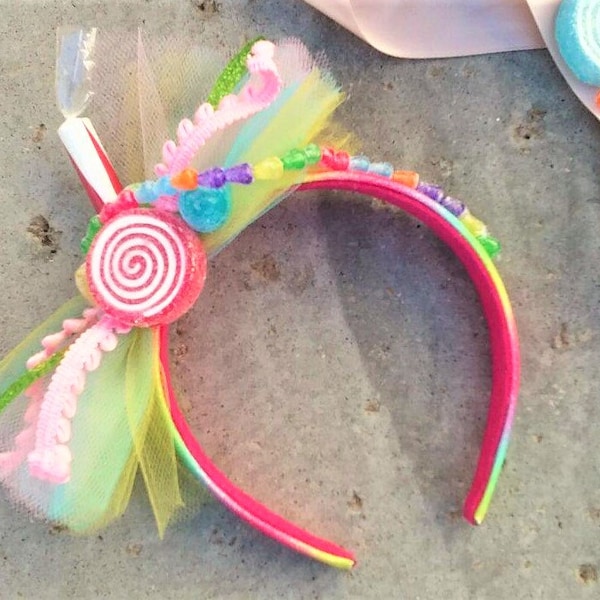 Candy headband treat headband or clip candyland bow rainbow with candy, treats and tulle bow for candy fairy costume or Candyland birthday