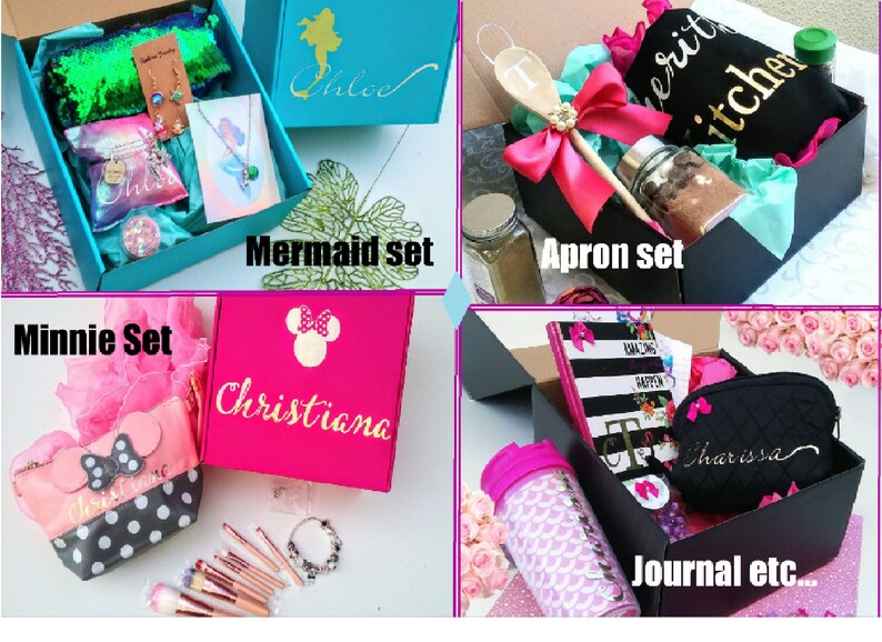 May include: Four gift boxes with different themes. The first box is turquoise blue with a mermaid design and the text "Chloe" on the lid. The second box is black with a pink ribbon and the text "Apron Set". The third box is pink with a Minnie Mouse design and the text "Christiana". The fourth box is black with a black and white striped journal and the text "Journal etc."