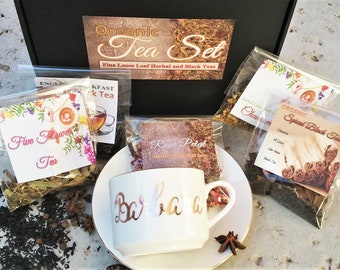 Tea Gift set Personalized tea cup and saucer tea sampler organic loose leaf black tea and herbal teas with strainer in a beautiful boxed set