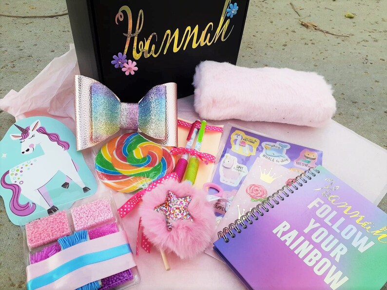 Tween girl gifts box Personalized notebook, fuzzy pencil case, pom pom, Giant swirl lollipop, jewelry making kit, stickers journal set image 2