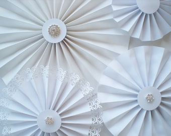 Wedding photo backdrop paper rosettes with high-quality rhinestones white with bling, pinwheel backdrop