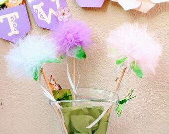 Tulle pom pom wands, set of 3, lavender light pink white, pompom flowers with leaves and ribbon fairy party favors