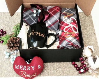 Custom boxed Christmas gift set hat scarf w/ monogram fleece hat red grey plaid personalized mug custom ornament unisex gift corporate gift