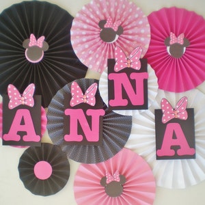 Minnie mouse party table backdrop paper fans pink, black, white pinwheels image 2