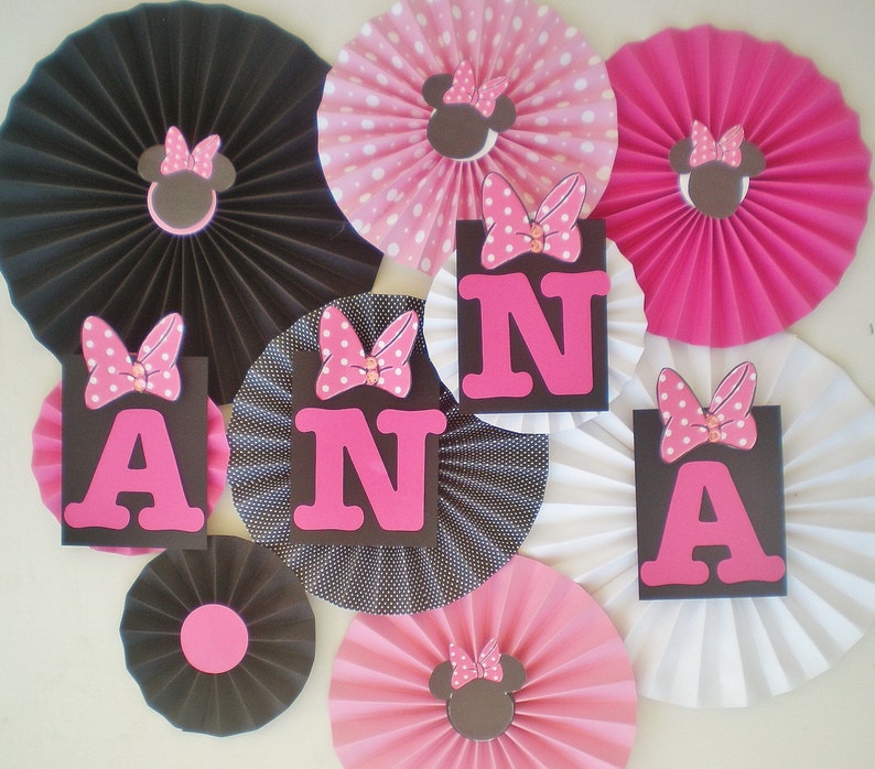 Minnie mouse party table backdrop paper fans pink, black, white pinwheels image 2