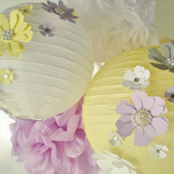 Lavender gray light yellow lantern with flowers and rhinestones bling for wedding, baby shower, home, nursery decor