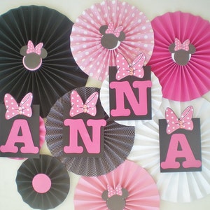 Minnie mouse party table backdrop paper fans pink, black, white pinwheels image 3