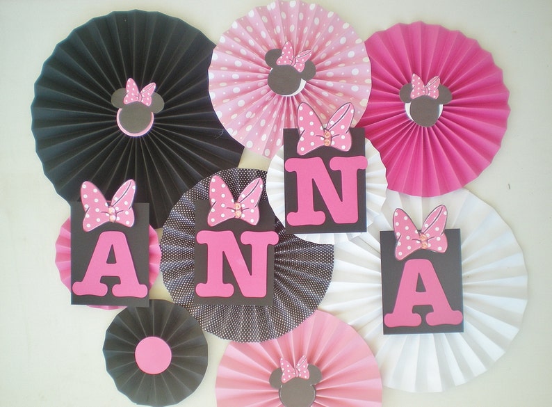 Minnie mouse party table backdrop paper fans pink, black, white pinwheels image 3