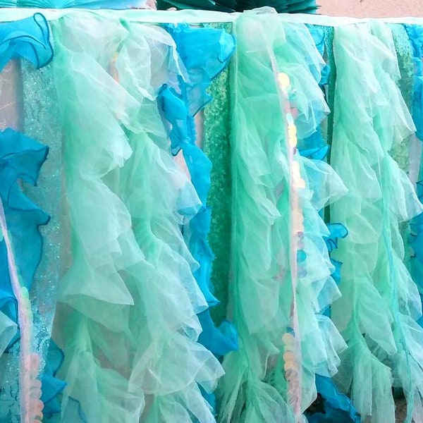 Under the sea table skirt with HIGH QUALITY fabric trims lace ribbon for beach wedding or mermaid birthday party