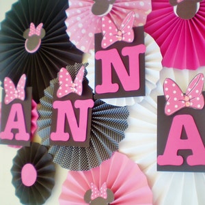 Minnie mouse party table backdrop paper fans pink, black, white pinwheels image 1