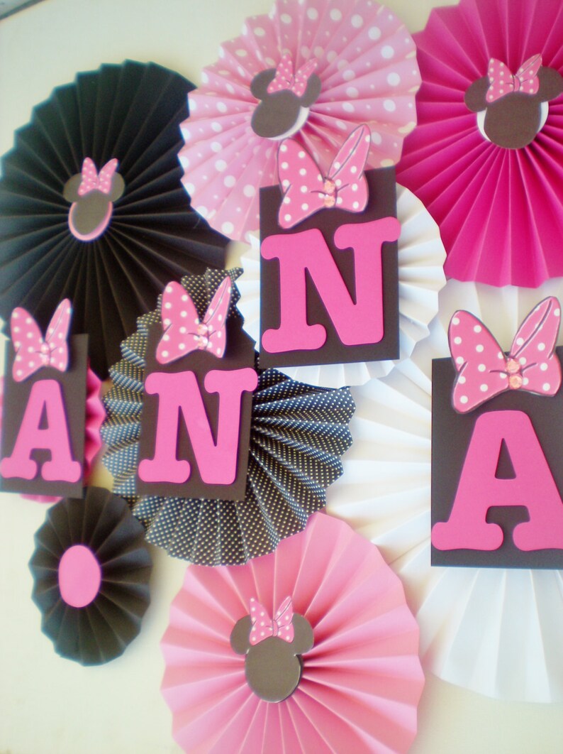 Minnie mouse party table backdrop paper fans pink, black, white pinwheels image 1