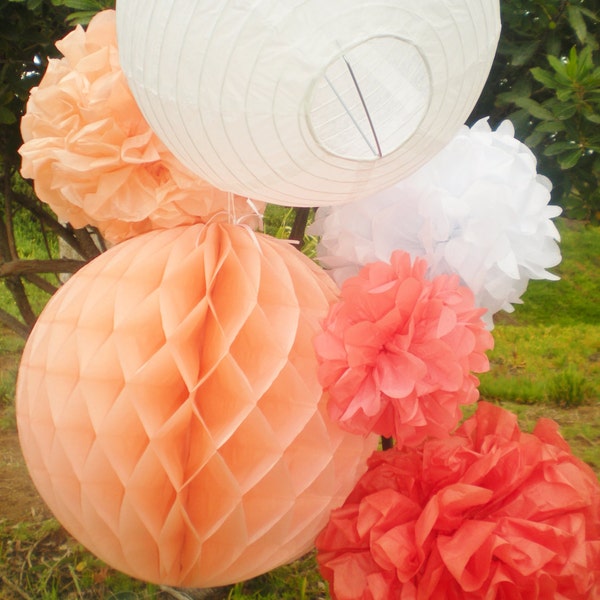 Coral ombre tissue pom poms, honeycomb balls, paper lanterns, peach coral white, burnt orange perfect for Southwestern theme or Beach theme
