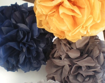 5 pom poms, mustard yellow, navy blue, gray, 9" diameter
