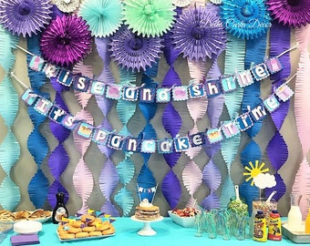 Pancakes and Pajamas table backdrop tissue fans paper fans with crepe streamer option turquoise purple mint blue silver lavender