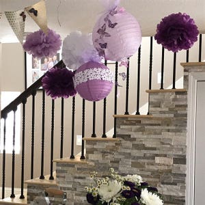 Purple pom poms and paper lanterns radiant orchid with hand-painted butterflies, set of 4 pom poms and two lanterns image 2