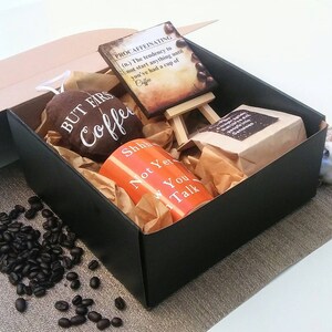 Coffee lovers gift set boxed Funny mug, Quality coffee, Desk print canvas & stand, Coffee Bean, Boss Gift, unisex gift for him for co-worker image 5
