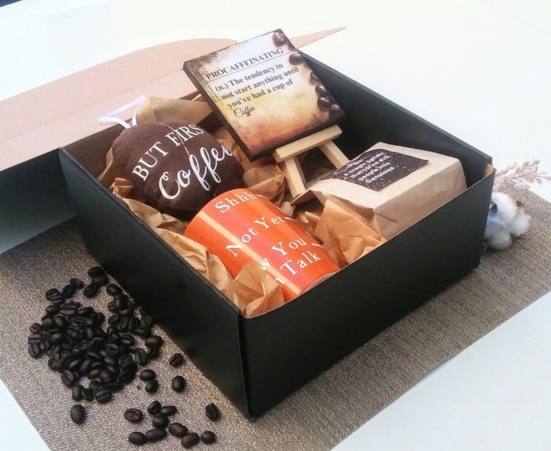 Coffee lovers gift set boxed Funny mug, Quality coffee, Desk print canvas & stand, Coffee Bean, Boss Gift, unisex gift for him for co-worker image 5