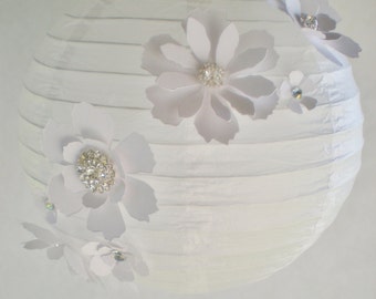 Wedding lantern, white with rhinestones and flowers, bling, LED light-up option, 10" diameter  CUSTOM COLORS available