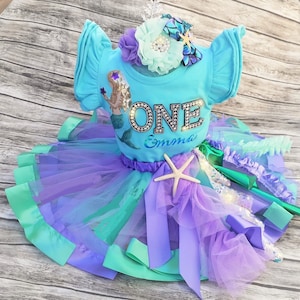 Mermaid 1st Birthday Outfit, mermaid baby tutu ONE custom name headband for under the sea party outfit