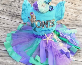 Mermaid 1st Birthday Outfit, mermaid baby tutu ONE custom name headband for under the sea party outfit