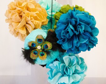 STUNNING peacock lantern and pom poms, set of 6 poms and one 8" lantern