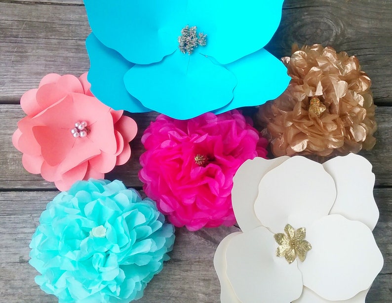 Coral Aqua gold flower backdrop extra large paper flowers completely assembled for photo backdrop or table backdrop