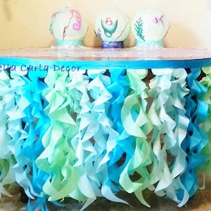 Under the Sea table skirt or photo backdrop tissue tentacles satin ribbon for ocean party or photo shoot Aqua mint turquoise ruffle skirt image 1