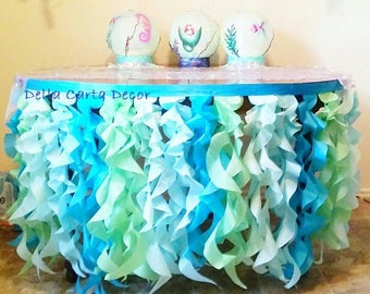 Under the Sea table skirt or photo backdrop tissue tentacles satin ribbon for ocean party or photo shoot Aqua mint turquoise ruffle skirt