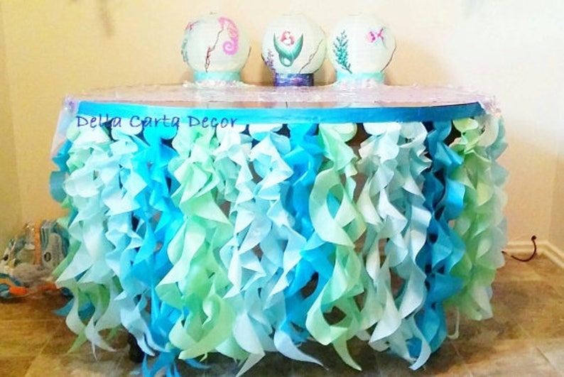 Under the Sea table skirt or photo backdrop tissue tentacles satin ribbon for ocean party or photo shoot Aqua mint turquoise ruffle skirt image 1