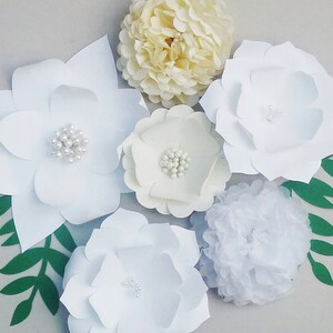 Large paper flower wedding backdrop cream white off-white Ivory flowers with green leaf and pearl centers classic elegant wedding decor