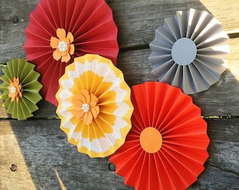 Fall paper fan backdrop with 3D flowers and high-quality Pearl Embellishments orange red chartreuse green Gray harvest yellow autumn