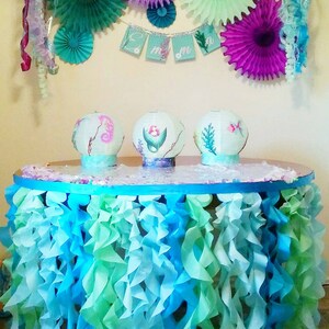 Under the Sea table skirt or photo backdrop tissue tentacles satin ribbon for ocean party or photo shoot Aqua mint turquoise ruffle skirt image 3