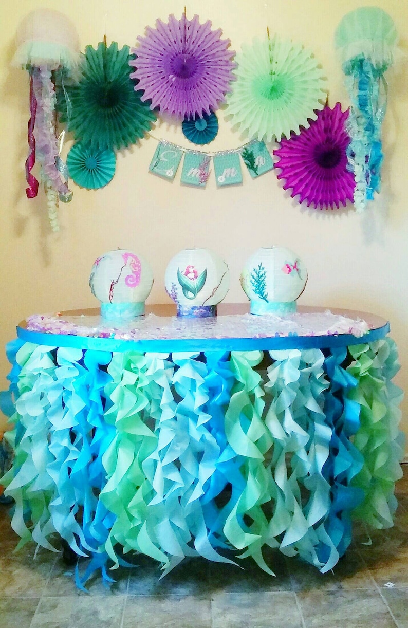 Under the Sea table skirt or photo backdrop tissue tentacles satin ribbon for ocean party or photo shoot Aqua mint turquoise ruffle skirt image 3