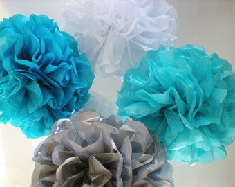 Silver gray blue tissue pom poms 9" diameter, set of 5, tissue paper, winter party, Christmas party, match the Disney Frozen party theme