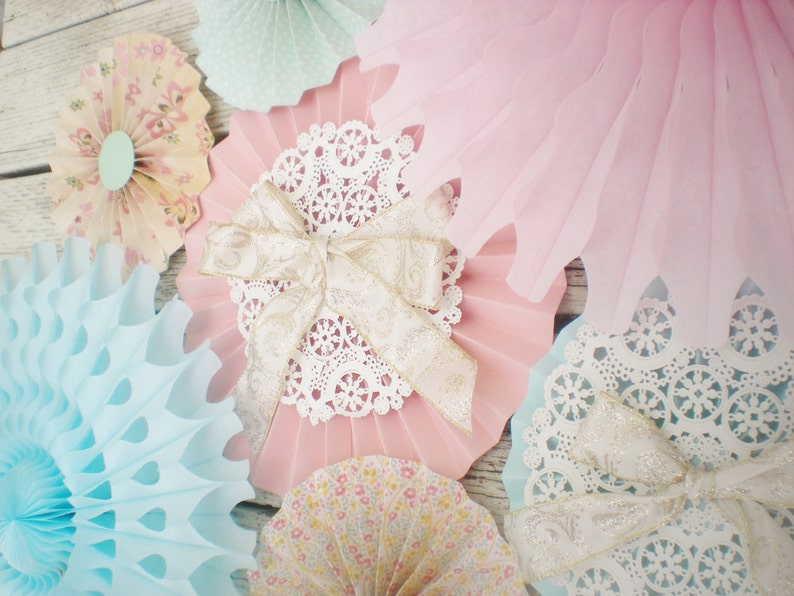 etc prints vary wall hanging Shabby chic paper fans with doilies and bows for photo backdrop table backdrop