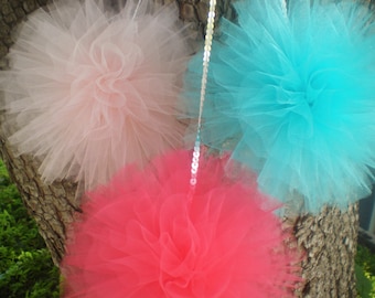 Tulle pom poms coral aqua pink, set of 3, 8" diameter with sequin string