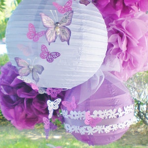 Purple pom poms and paper lanterns radiant orchid with hand-painted butterflies, set of 4 pom poms and two lanterns image 3