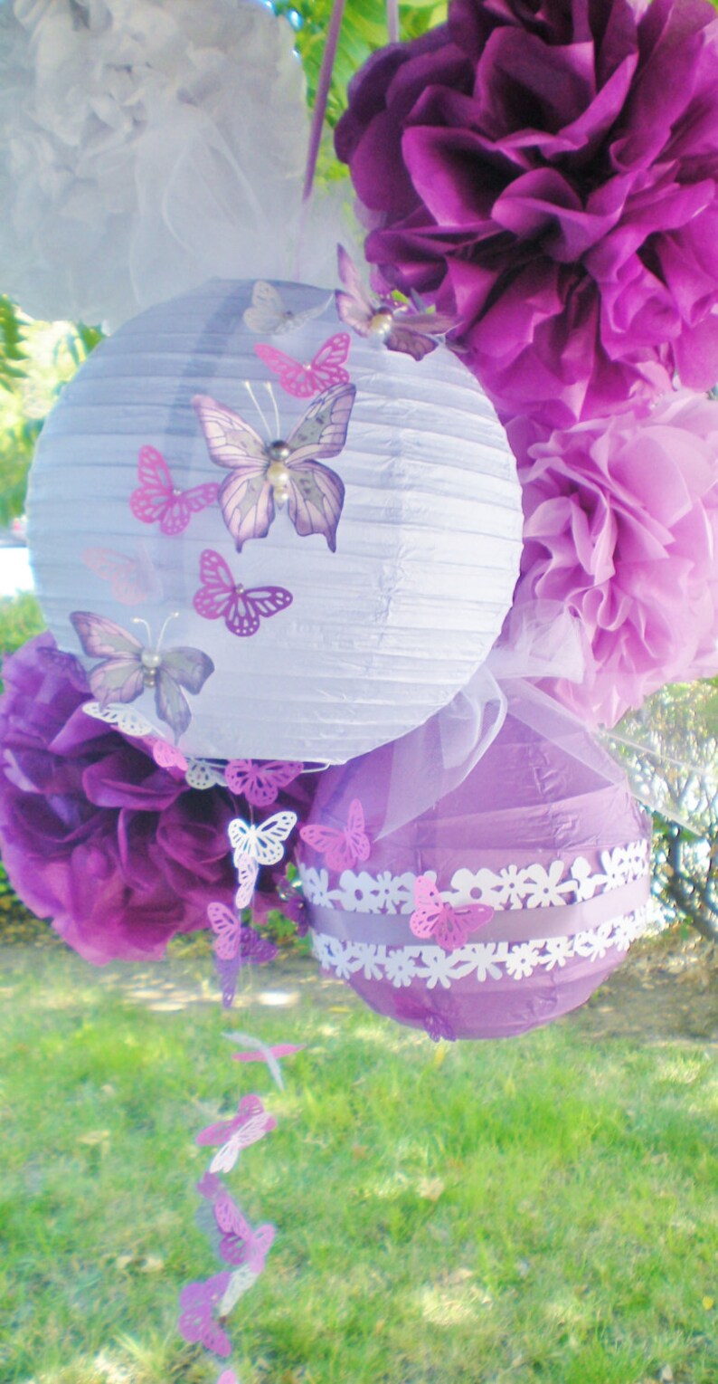 Purple pom poms and paper lanterns radiant orchid with hand-painted butterflies, set of 4 pom poms and two lanterns image 3