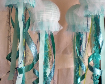 Jellyfish lantern Mermaid birthday aqua blue shades, Under the Sea party or nursery room decor, wedding decor LED light up option