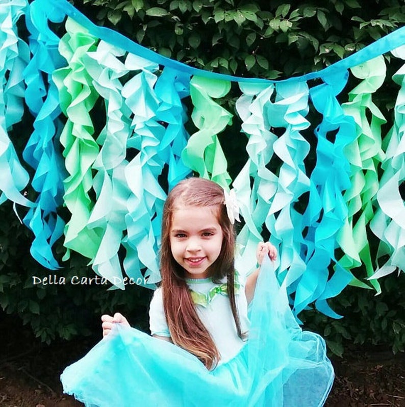 Under the Sea table skirt or photo backdrop tissue tentacles satin ribbon for ocean party or photo shoot Aqua mint turquoise ruffle skirt image 7