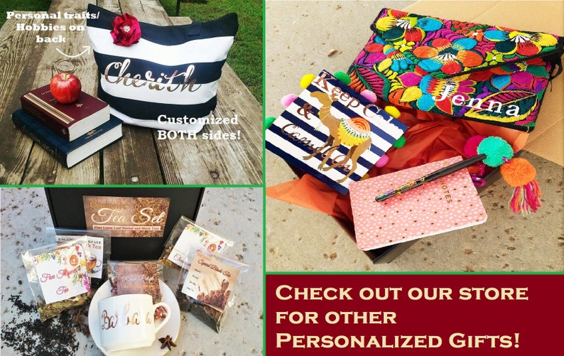 May include: A collage of personalised gift ideas, including a black and white striped tote bag with the name "Cherith" embroidered on it, a tea set with various tea bags, a colourful embroidered clutch with the name "Jenna" on it, and a notebook with a camel design.