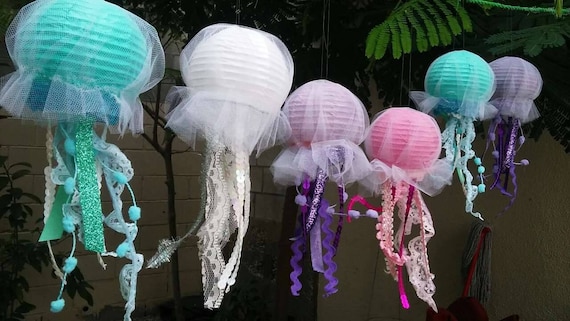 Lot De 4 Lanternes En Papier Méduse Sirène - Décoration Fête Thème Marin, Anniversaire, Chambre Enfant, Facile à Installer