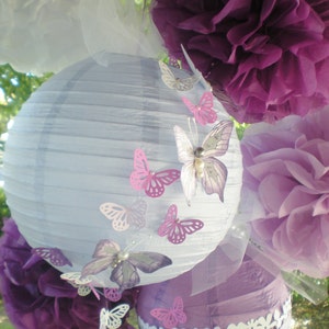 Purple pom poms and paper lanterns radiant orchid with hand-painted butterflies, set of 4 pom poms and two lanterns image 1