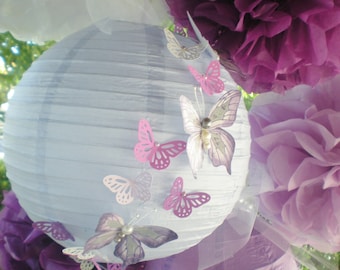Purple pom poms and paper lanterns radiant orchid with hand-painted butterflies, set of 4 pom poms and two lanterns