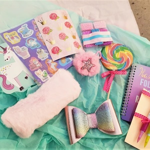 Tween girl gifts box Personalized notebook, fuzzy pencil case, pom pom, Giant swirl lollipop, jewelry making kit, stickers journal set image 5