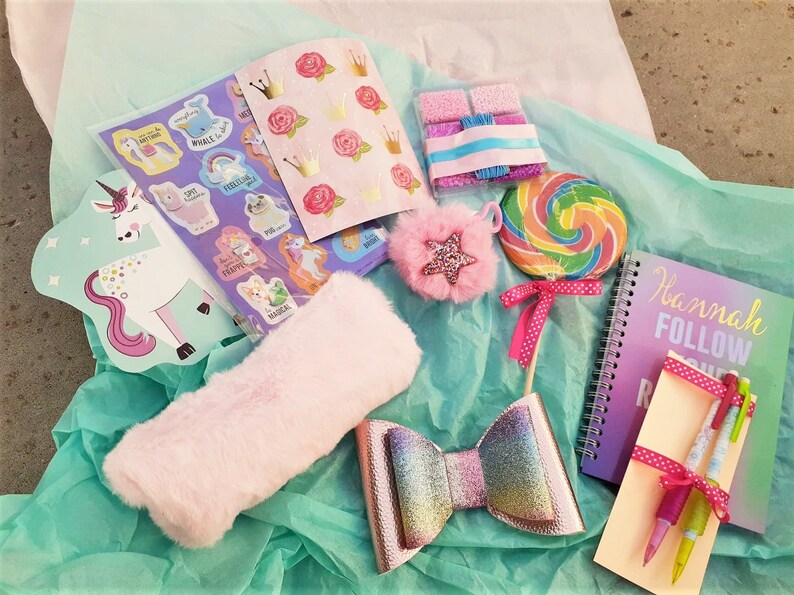 Tween girl gifts box Personalized notebook, fuzzy pencil case, pom pom, Giant swirl lollipop, jewelry making kit, stickers journal set image 5