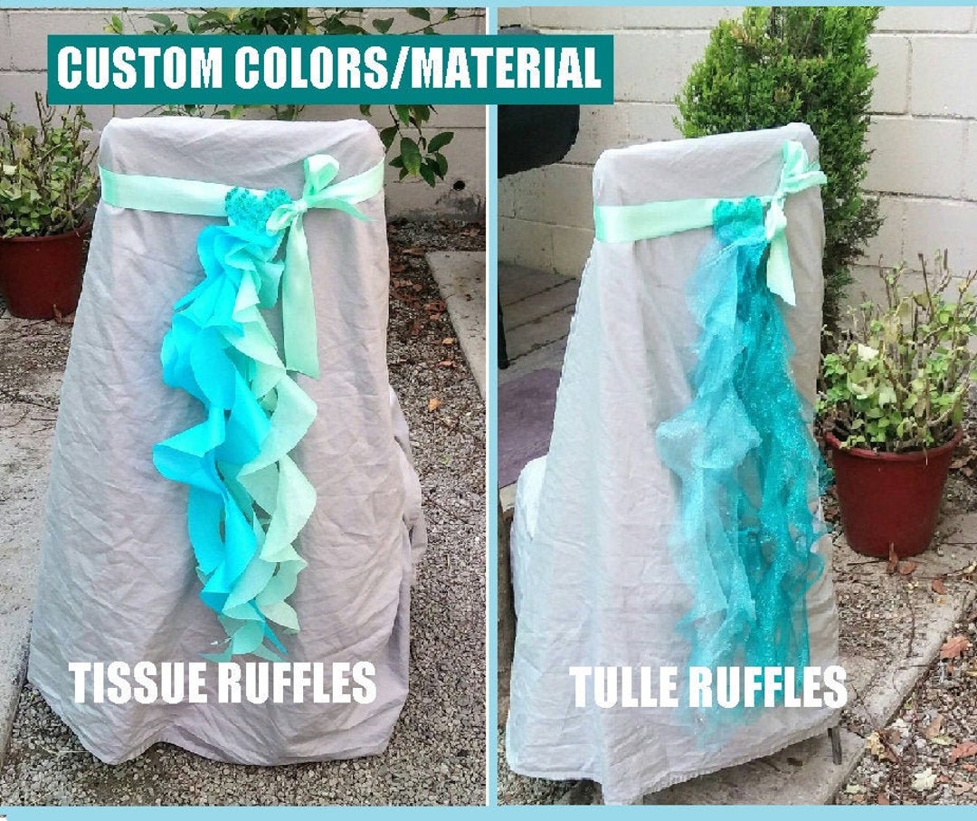 Chair Sashes Ruffled Chair Sash Aqua Teal Tissue or Glitter Tulle Spirals With Satin Ribbon Band Wedding Under the Sea Party Decorations Etsy