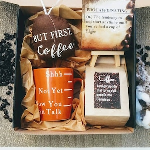 Coffee lovers gift set boxed Funny mug, Quality coffee, Desk print canvas & stand, Coffee Bean, Boss Gift, unisex gift for him for co-worker