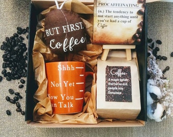 Coffee lovers gift set boxed Funny mug, Quality coffee, Desk print canvas & stand, Coffee Bean, Boss Gift, unisex gift for him for co-worker